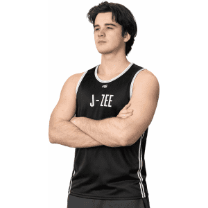 A black singlet featuring white detailing and a logo, modelled by a person with arms crossed.