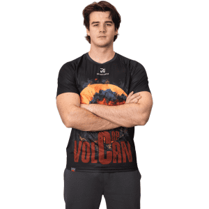 A black T-shirt featuring a vibrant graphic design with a volcanic scene and a logo on the chest.