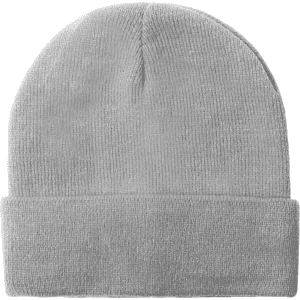 Acrylic rollup beanie hat in light grey with a ribbed texture and a foldable cuff. Includes a logo.