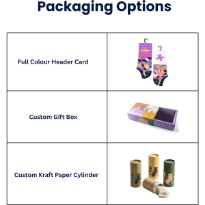 A set of colourful socks featuring a playful design, displayed alongside various packaging options.