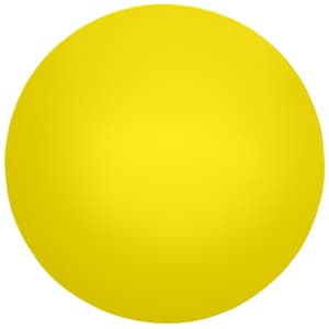 A round yellow stress ball with a smooth surface, featuring a simple logo.