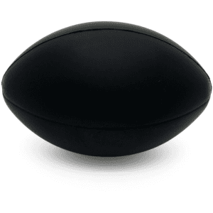 A black football-shaped stress ball with a smooth surface. It features a logo on one side.