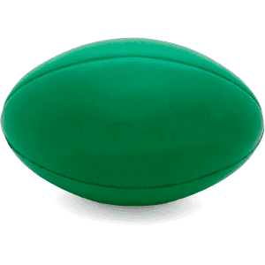 A green rugby-shaped stress ball with a smooth surface and subtle detailing.