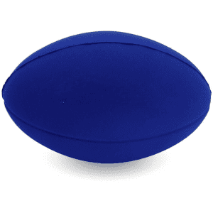 A blue football-shaped stress ball with a smooth surface and a rounded design. It features a logo.