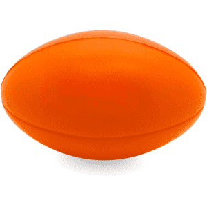 An orange football stress shape with a smooth surface, designed for fun and stress relief.