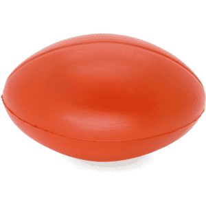 An orange football stress shape with seam detailing and a smooth finish. It features a branded logo.