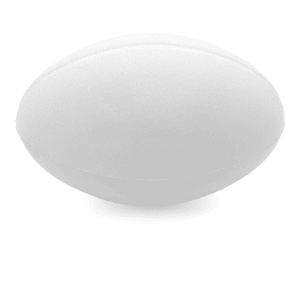 A white football-shaped stress ball with smooth surface contours and a slight sheen.