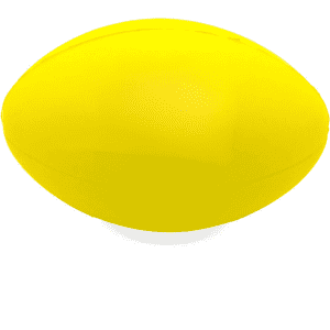 A yellow football-shaped stress toy with a smooth surface and a rounded design. It features a logo on one side.