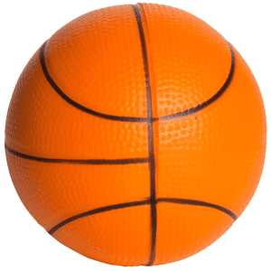 An orange basketball-shaped stress ball with textured surface and black stripes. It has a logo on it.