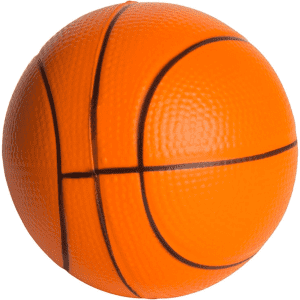 An orange basketball-shaped stress ball featuring a textured surface and seam detailing.