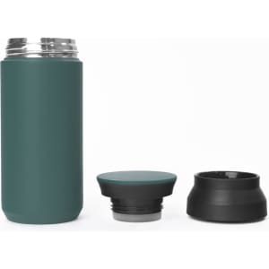 A drink bottle in deep green with two interchangeable lids, featuring a sleek, smooth design.