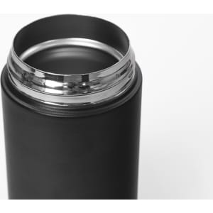 A drink bottle with a sleek black exterior and a silver rim around the opening. It features a logo on the side.