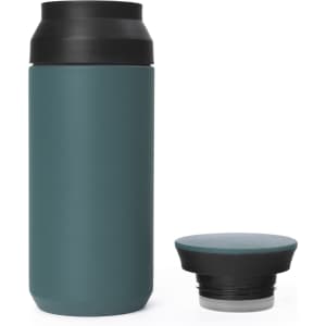 A drink bottle in teal with a black lid, featuring a separate black cap and a logo.