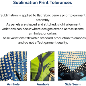 Three images of fabric panels showcasing sublimation print tolerances, featuring vibrant colours and various patterns.