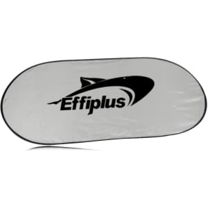 A folding car sunshade in silver with a black logo on one side. The shade is oval-shaped and lightweight.