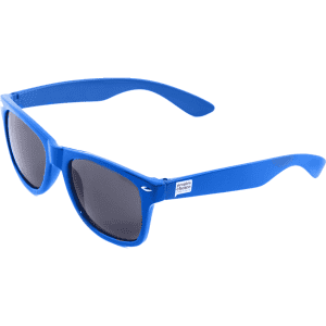 Blue Wayferer sunglasses with dark lenses and a logo on the side.