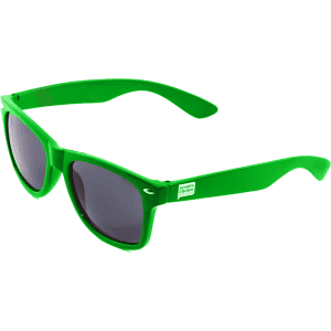 Green sunglasses with dark lenses and a logo on the side. Ideal for outdoor leisure activities.