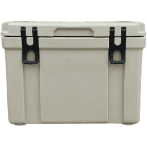 A 25L cooler box in cream colour, featuring black latches and a sturdy design. It has a logo on the side.