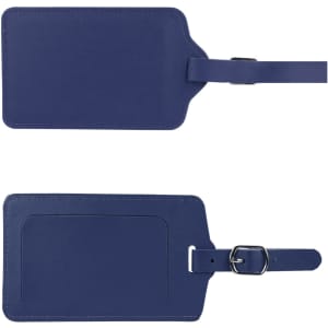 A navy blue PU leather luggage tag with a buckle and a clear slot for information identification.