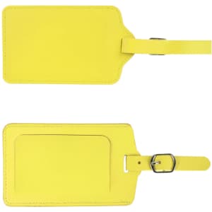A bright yellow PU leather luggage tag with a buckle strap and a clear ID slot on one side.