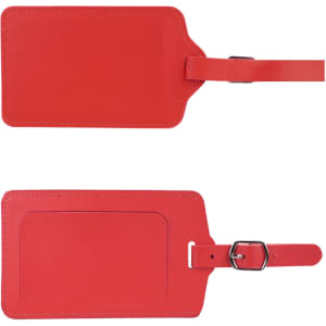A bright red PU leather luggage tag with a buckle strap and a slot for identification. It features a simple design.