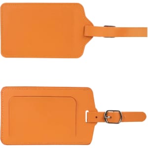 An orange PU leather luggage tag featuring a buckle strap and a slot for identification.