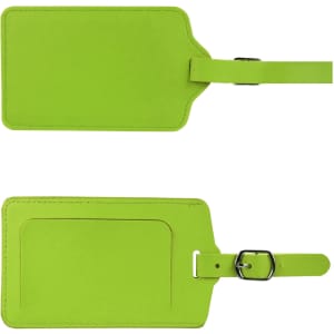 A bright green PU leather luggage tag featuring a buckle strap and a slot for identification.