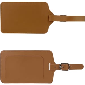 A PU leather luggage tag in a tan colour, featuring a buckle strap and a back pocket for personal information.