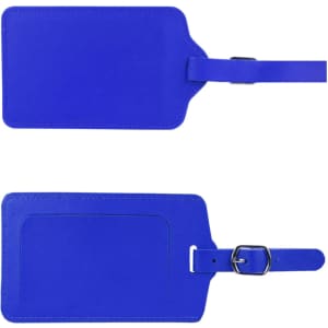 A blue PU leather luggage tag featuring a buckle strap and a logo. It has a smooth finish and a simple design.
