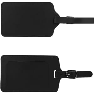 A black PU leather luggage tag featuring a simple design with a buckle strap and a slot for identification.