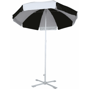A beach umbrella featuring a black and white canopy with a sturdy white pole and a cross-shaped base.