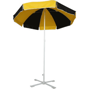 A beach umbrella with a yellow and black striped canopy and a silver metal frame. It has a logo on the base.