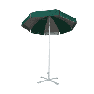 A green and grey beach umbrella with a sturdy white frame and a four-legged base. It features a central pole for support.