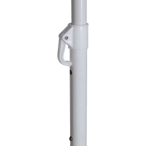 A white beach umbrella pole featuring a hook attachment and adjustable height mechanism.