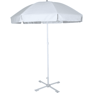A white beach umbrella with a sturdy white pole and a four-legged base, suitable for outdoor leisure.