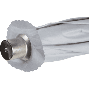 A silver beach umbrella with a scalloped edge and a metallic pole. It features a circular top.