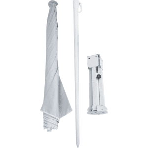 A grey beach umbrella with a white pole and a compact folding base, featuring a branding logo.