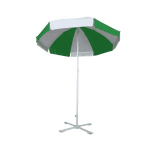 A green and white striped beach umbrella with a white pole and a cross base. It features a logo on the canopy.