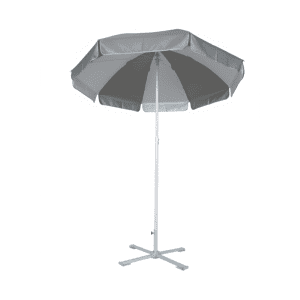 A grey beach umbrella with a sturdy white frame and a cross base for support. It features multiple panels for shade.