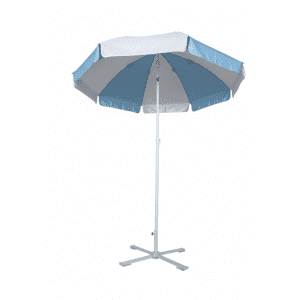 A beach umbrella with a blue and white striped canopy, featuring a sturdy white pole and base.