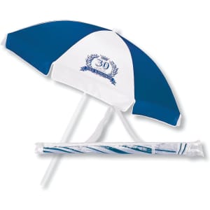 A beach umbrella with blue and white fabric, featuring a logo, and a sturdy pole for support.