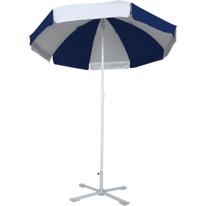 A beach umbrella with a navy blue and grey canopy, featuring a white pole and a cross base for stability.