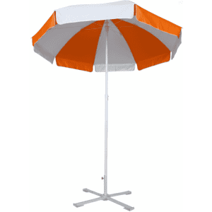 A beach umbrella with orange and white panels, featuring a sturdy white pole and a four-pronged base.