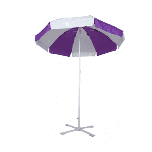 A beach umbrella with a purple and white canopy, featuring a sturdy white pole and a cross base.