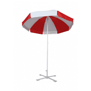 A beach umbrella with red and white stripes and a white pole, featuring a cross base for stability.