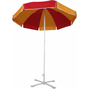 A beach umbrella in red and yellow with a white frame and a four-legged base. It features a logo on the canopy.