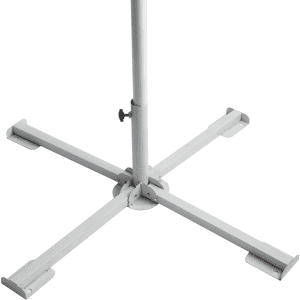 A white umbrella stand with a sturdy cross base, designed for stability and support.