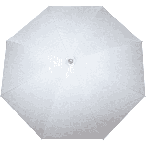 A white beach umbrella with a central opening and a sturdy frame, suitable for leisure and outdoor use.