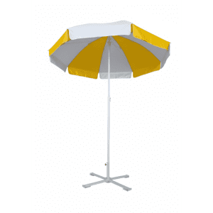 A beach umbrella in yellow and white with a sturdy base. It features eight panels for shade and a centre pole.