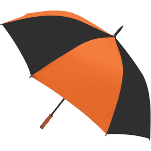 A golf umbrella featuring an orange and black canopy with a wooden handle and a logo on the shaft.